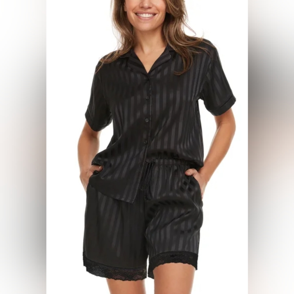 Flora Nikrooz Satin Pajamas Black Striped Set